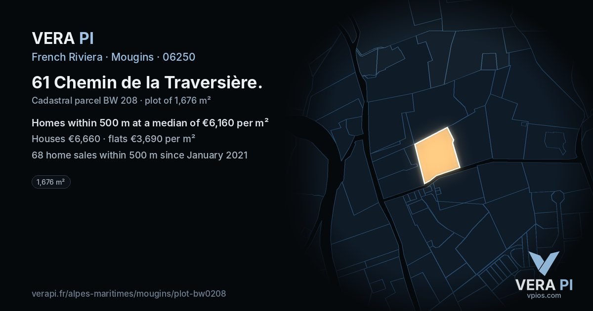 61 Chemin de la Traversière, Mougins at night – the plot lit, the parcels around coloured by the prices near them
