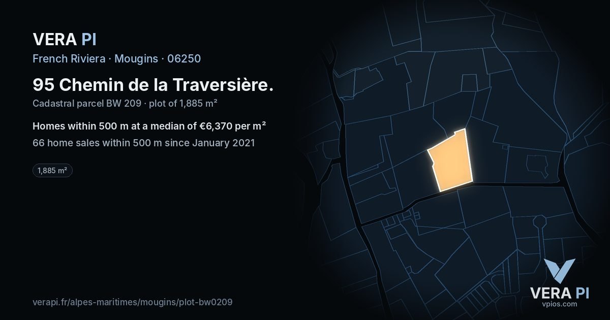 95 Chemin de la Traversière, Mougins at night – the plot lit, the parcels around coloured by the prices near them
