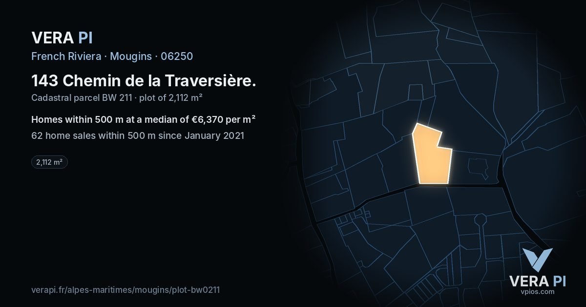 143 Chemin de la Traversière, Mougins at night – the plot lit, the parcels around coloured by the prices near them