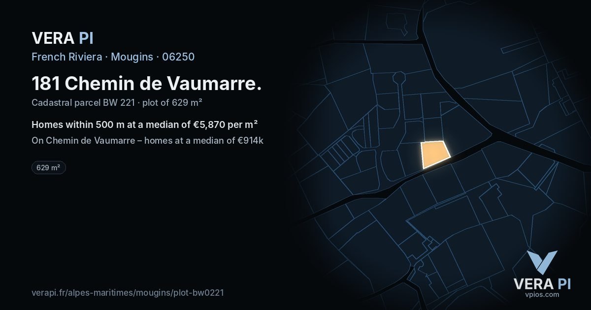 181 Chemin de Vaumarre, Mougins at night – the plot lit, the parcels around coloured by the prices near them