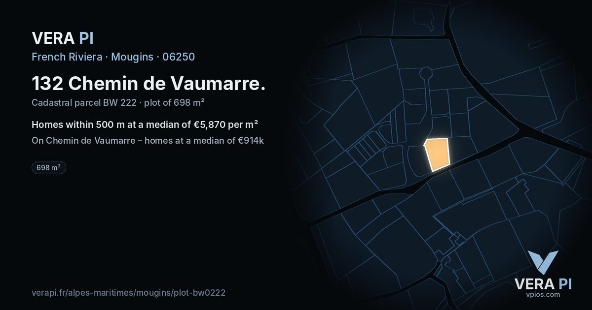 132 Chemin de Vaumarre, Mougins at night – the plot lit, the parcels around coloured by the prices near them