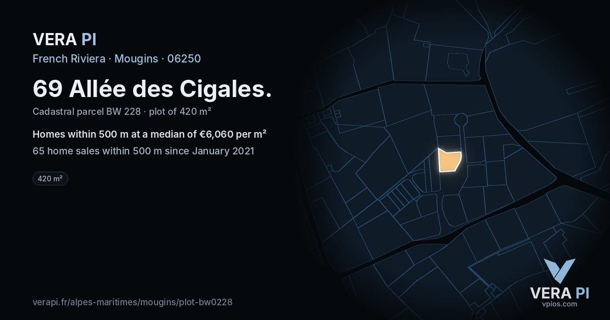 69 Allée des Cigales, Mougins at night – the plot lit, the parcels around coloured by the prices near them