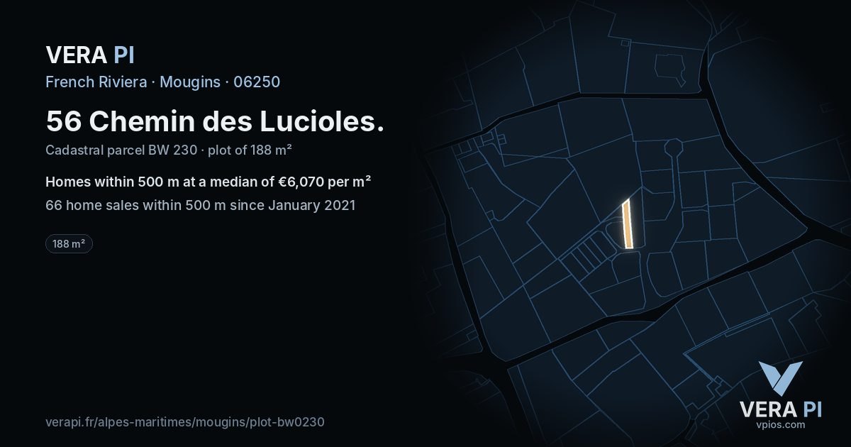 56 Chemin des Lucioles, Mougins at night – the plot lit, the parcels around coloured by the prices near them