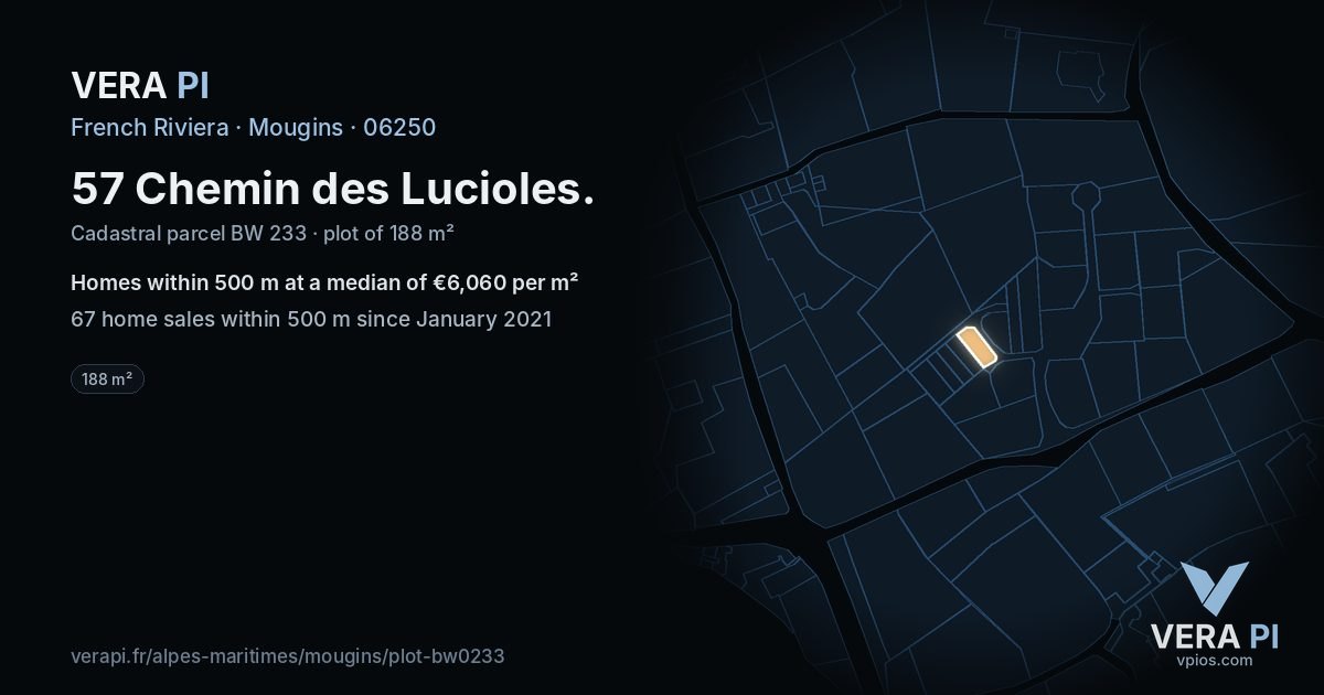 57 Chemin des Lucioles, Mougins at night – the plot lit, the parcels around coloured by the prices near them