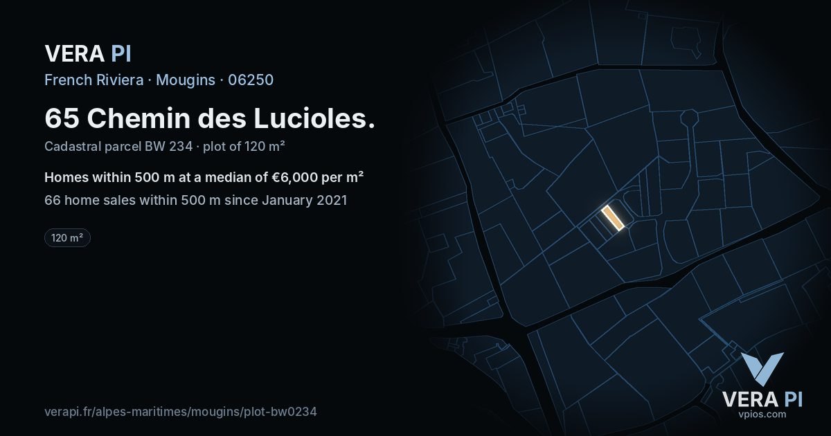 65 Chemin des Lucioles, Mougins at night – the plot lit, the parcels around coloured by the prices near them