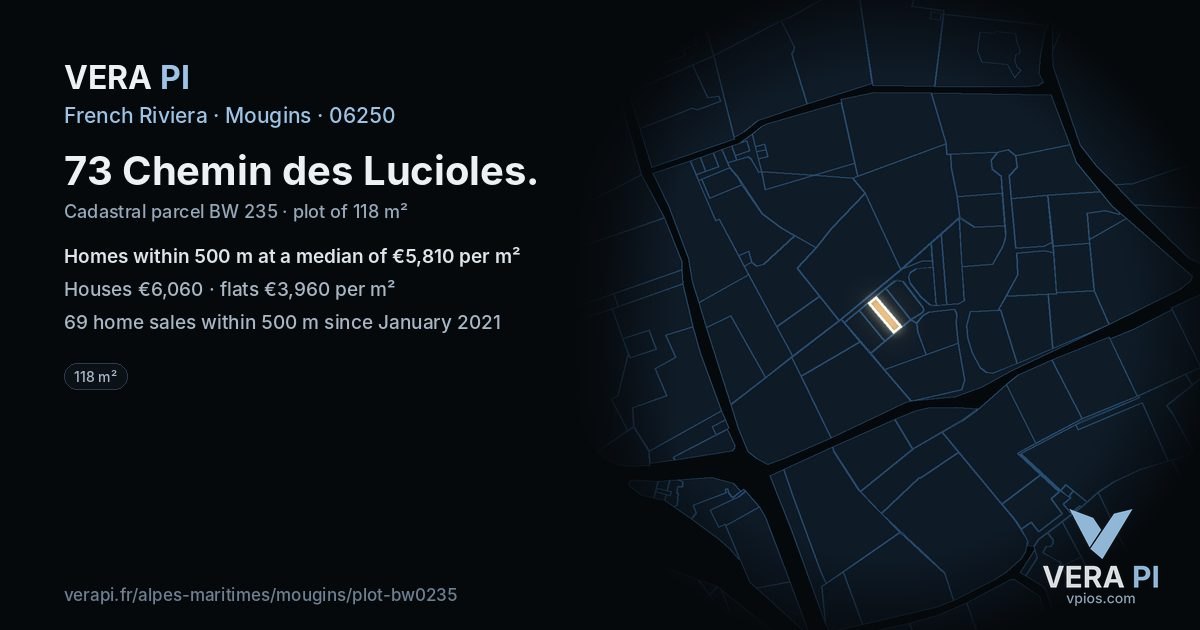 73 Chemin des Lucioles, Mougins at night – the plot lit, the parcels around coloured by the prices near them