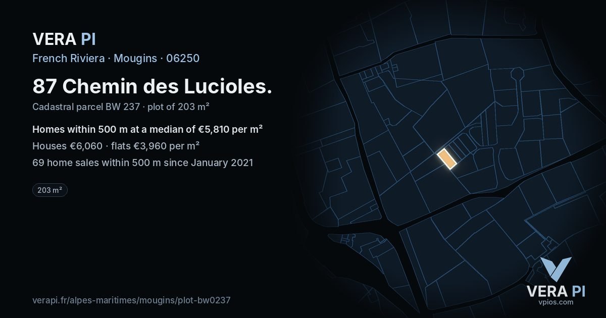 87 Chemin des Lucioles, Mougins at night – the plot lit, the parcels around coloured by the prices near them