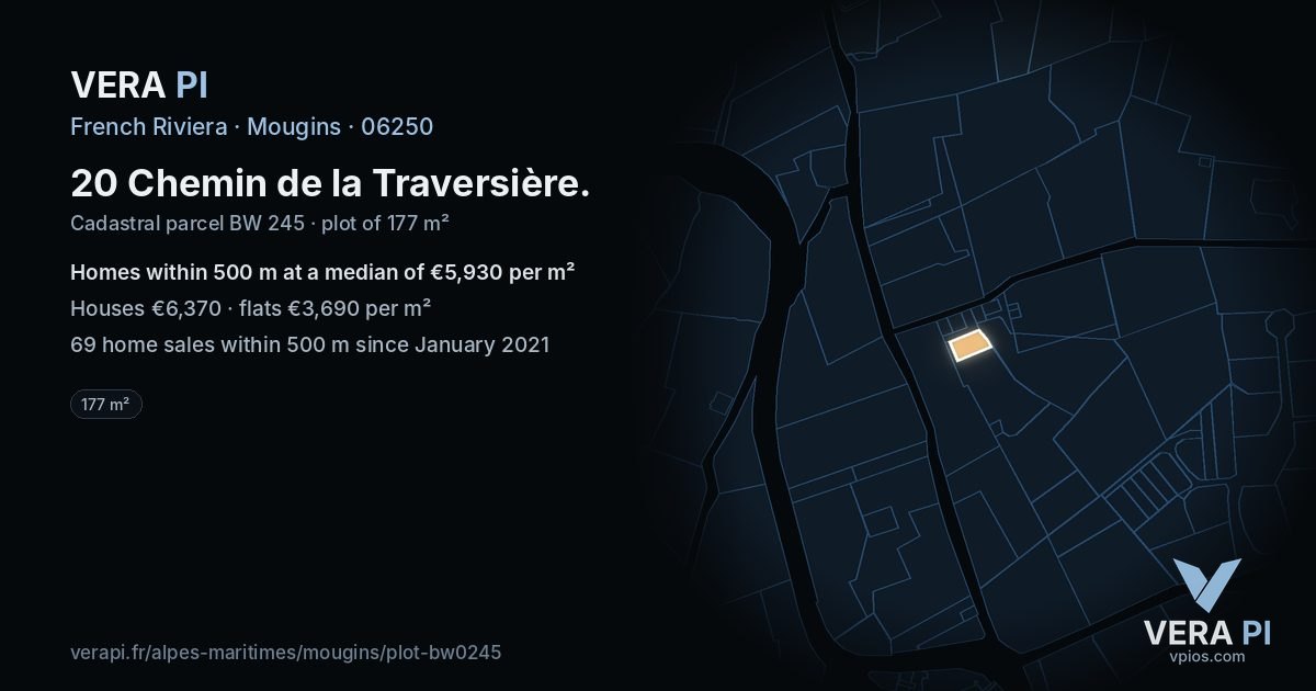 20 Chemin de la Traversière, Mougins at night – the plot lit, the parcels around coloured by the prices near them