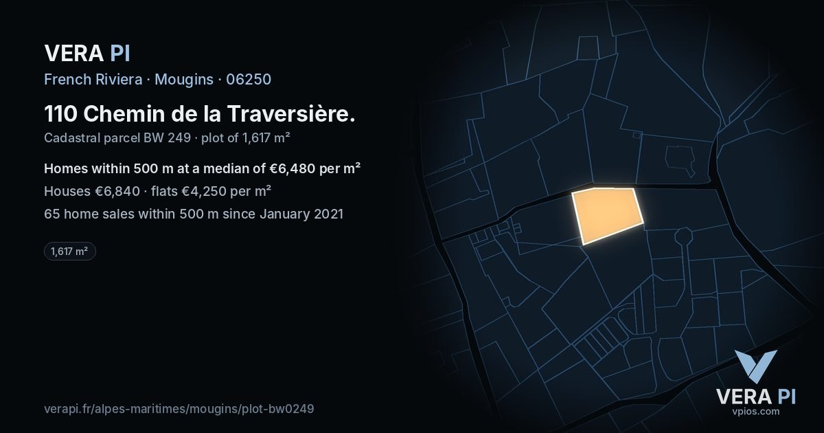 110 Chemin de la Traversière, Mougins at night – the plot lit, the parcels around coloured by the prices near them