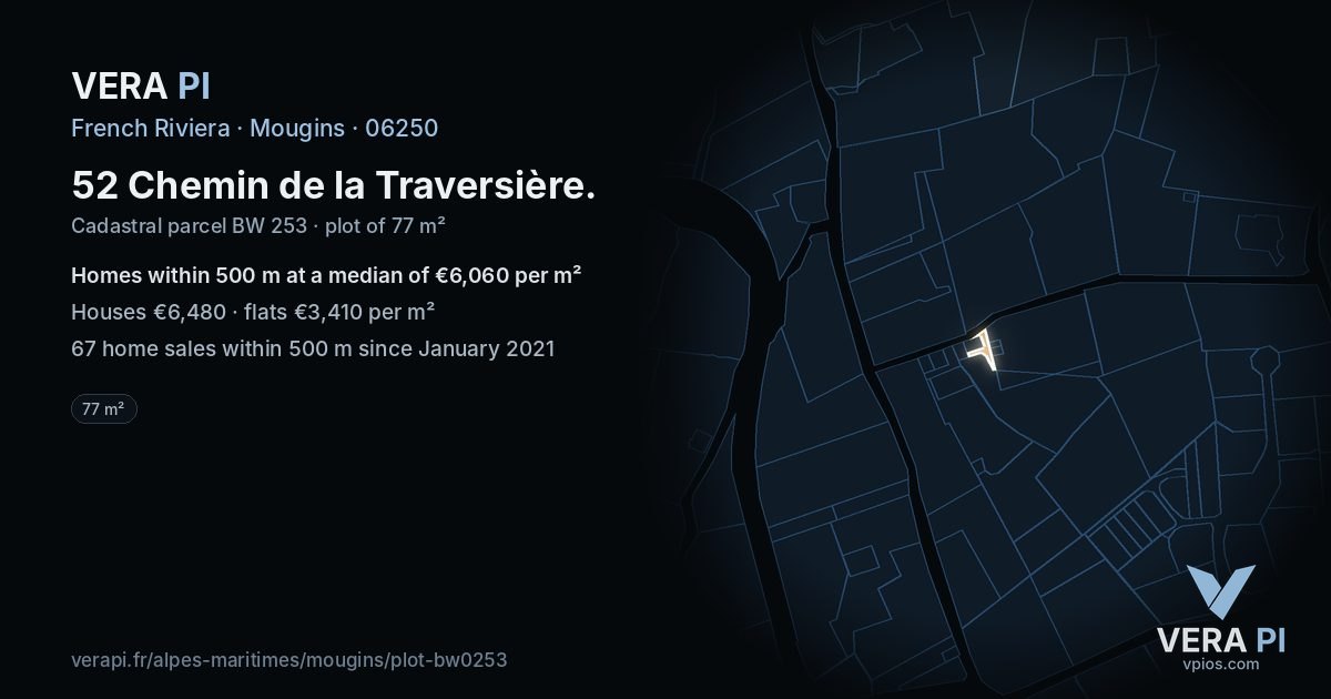52 Chemin de la Traversière, Mougins at night – the plot lit, the parcels around coloured by the prices near them