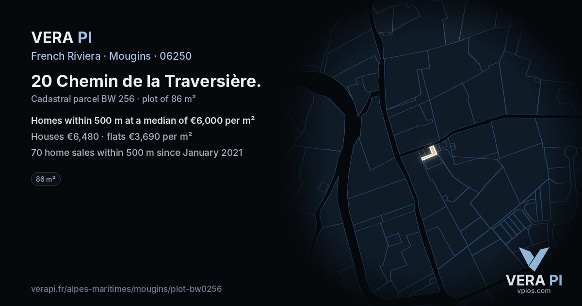 20 Chemin de la Traversière, Mougins at night – the plot lit, the parcels around coloured by the prices near them