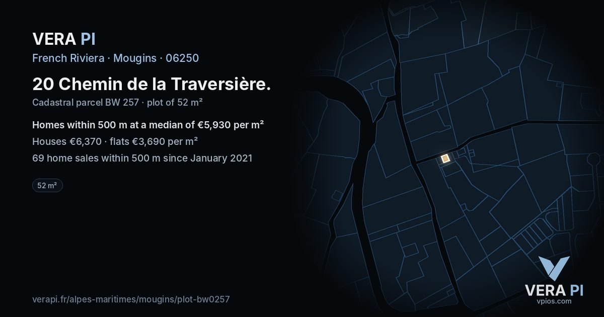 20 Chemin de la Traversière, Mougins at night – the plot lit, the parcels around coloured by the prices near them