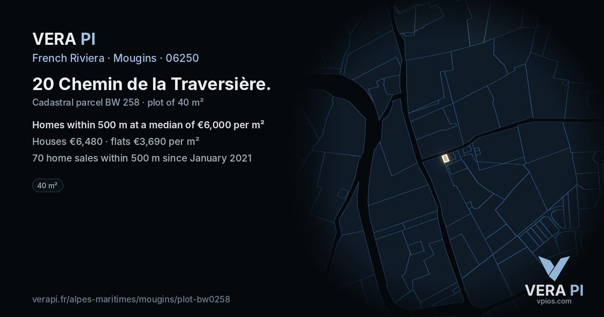 20 Chemin de la Traversière, Mougins at night – the plot lit, the parcels around coloured by the prices near them