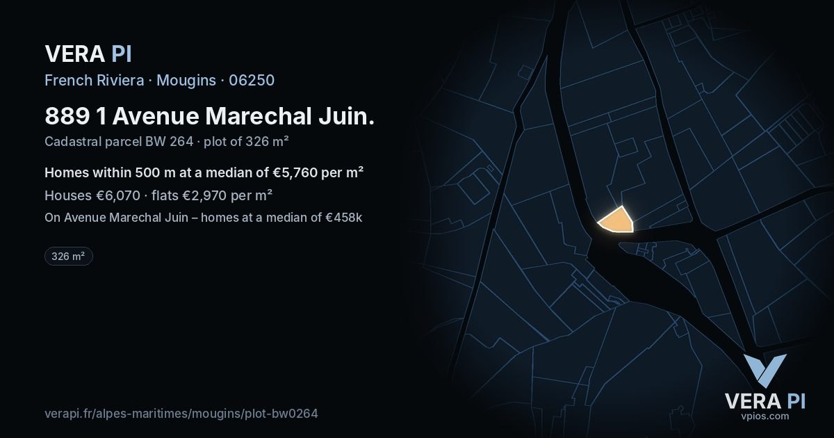 889 1 Avenue Marechal Juin, Mougins at night – the plot lit, the parcels around coloured by the prices near them