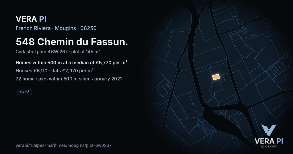 548 Chemin du Fassun, Mougins at night – the plot lit, the parcels around coloured by the prices near them