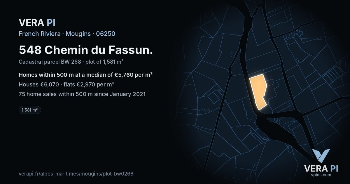 548 Chemin du Fassun, Mougins at night – the plot lit, the parcels around coloured by the prices near them