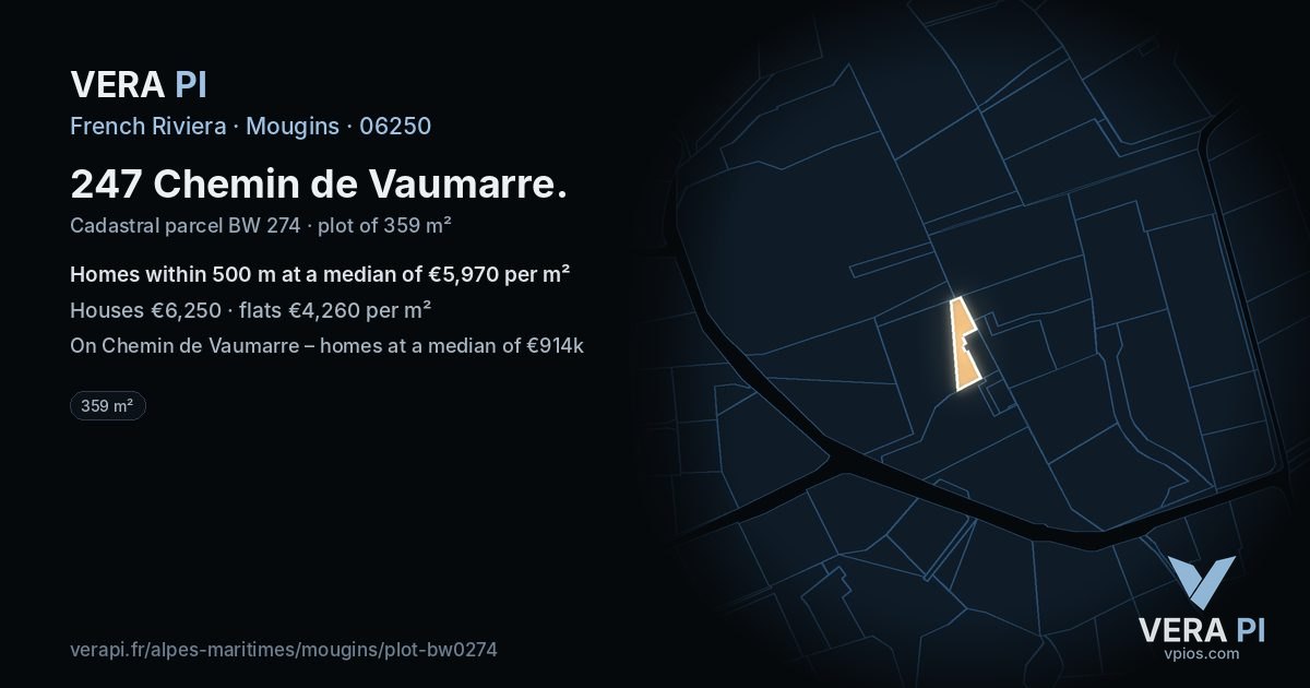 247 Chemin de Vaumarre, Mougins at night – the plot lit, the parcels around coloured by the prices near them