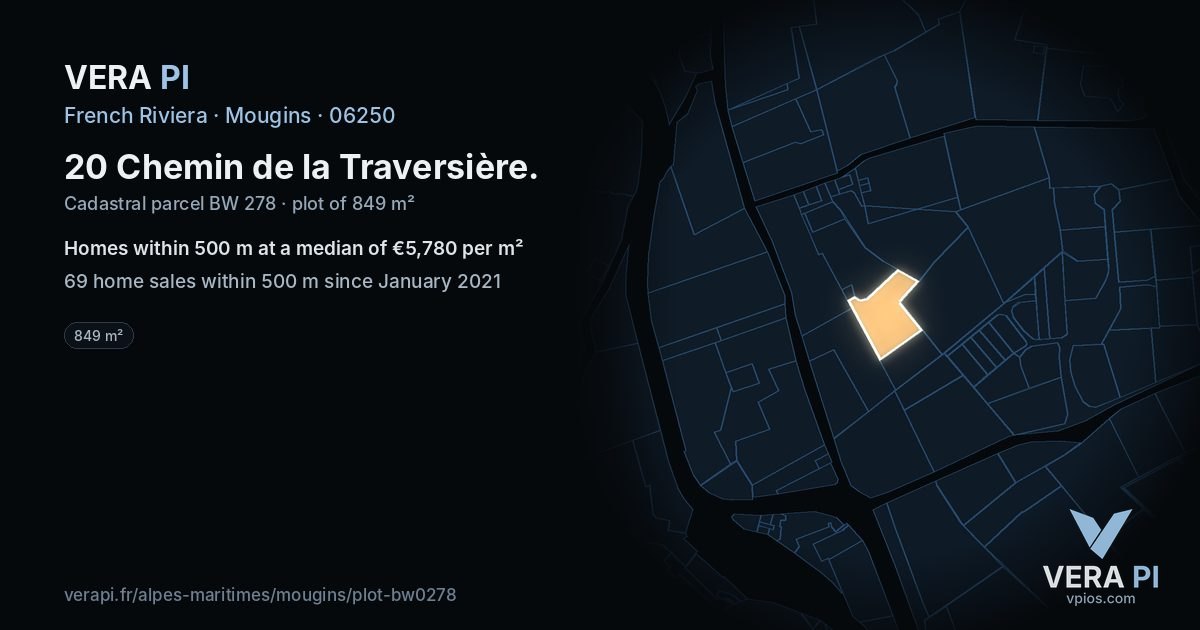 20 Chemin de la Traversière, Mougins at night – the plot lit, the parcels around coloured by the prices near them
