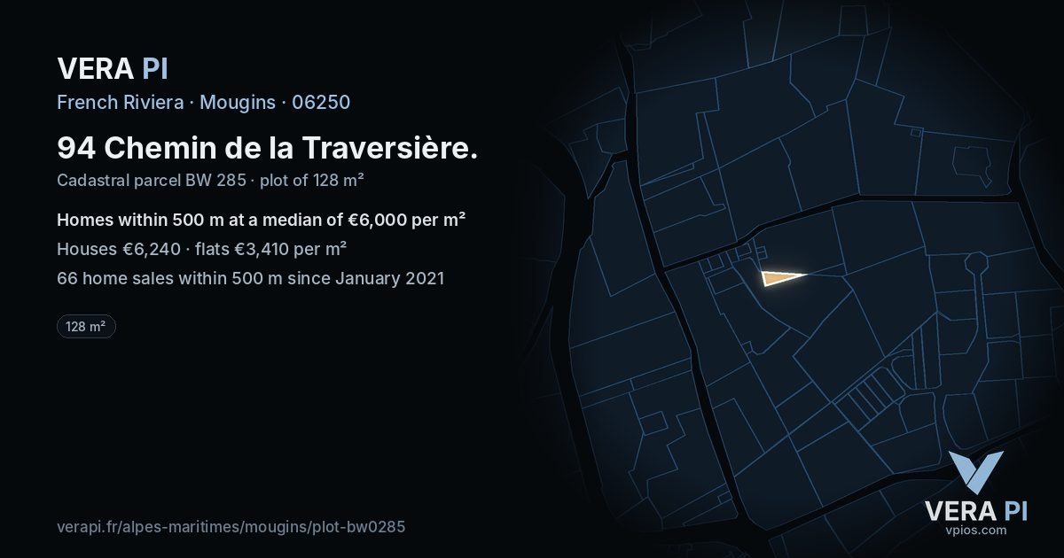 94 Chemin de la Traversière, Mougins at night – the plot lit, the parcels around coloured by the prices near them