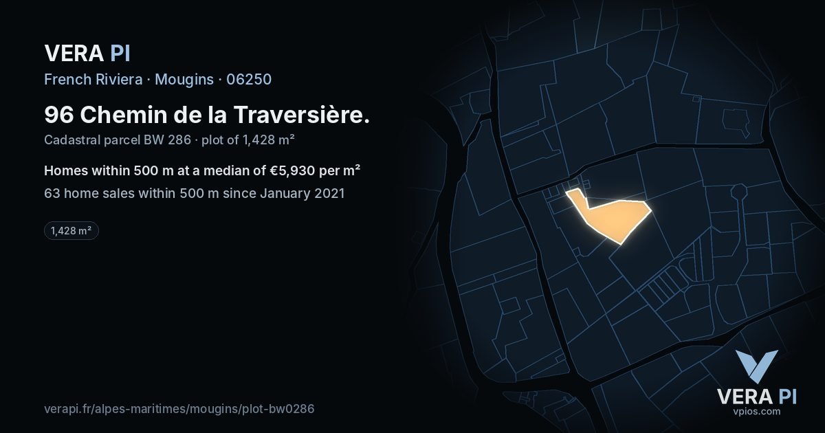 96 Chemin de la Traversière, Mougins at night – the plot lit, the parcels around coloured by the prices near them