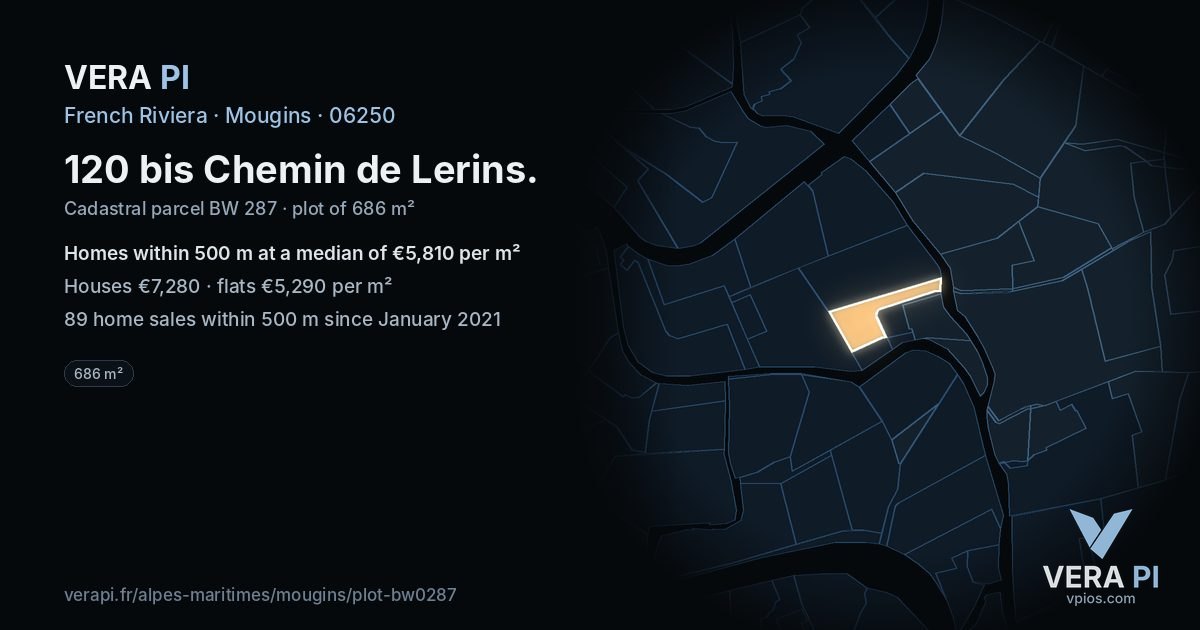 120 bis Chemin de Lerins, Mougins at night – the plot lit, the parcels around coloured by the prices near them