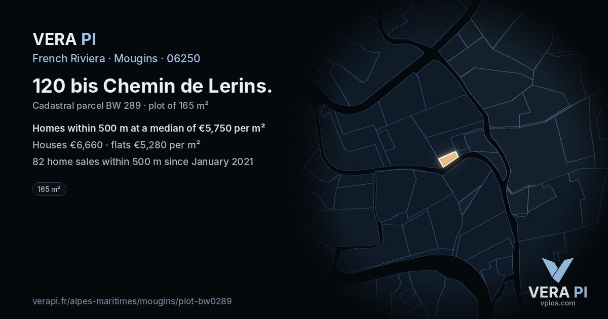 120 bis Chemin de Lerins, Mougins at night – the plot lit, the parcels around coloured by the prices near them