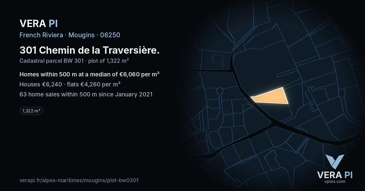 301 Chemin de la Traversière, Mougins at night – the plot lit, the parcels around coloured by the prices near them