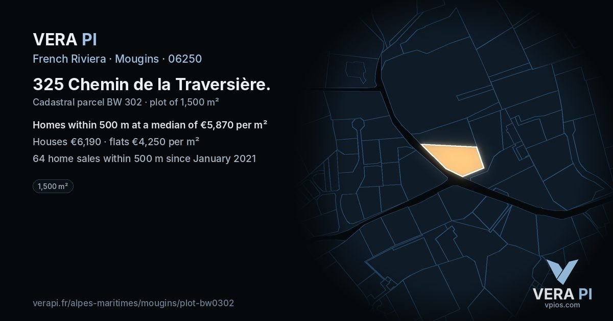 325 Chemin de la Traversière, Mougins at night – the plot lit, the parcels around coloured by the prices near them