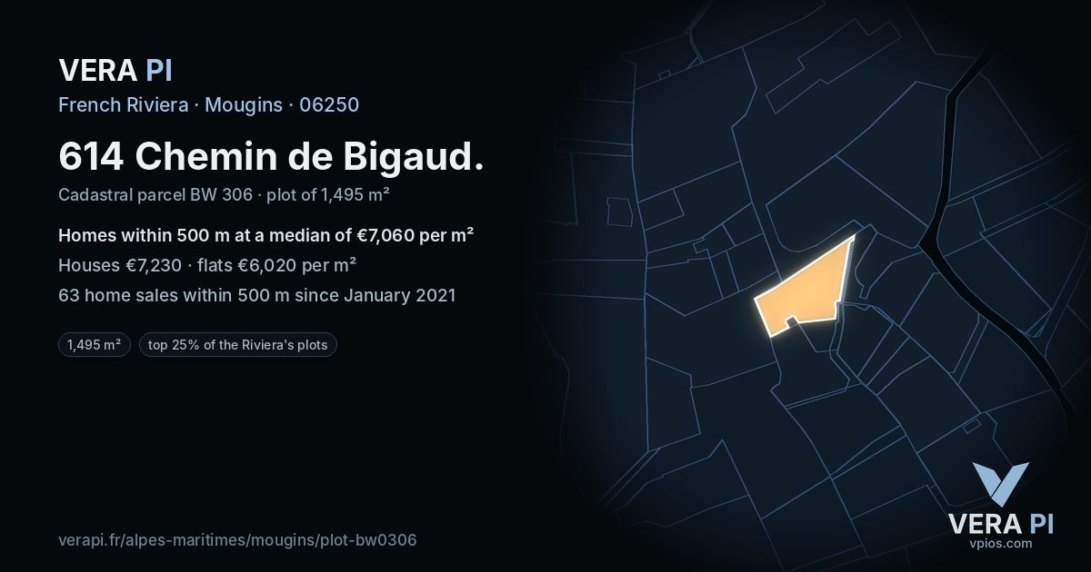 614 Chemin de Bigaud, Mougins at night – the plot lit, the parcels around coloured by the prices near them
