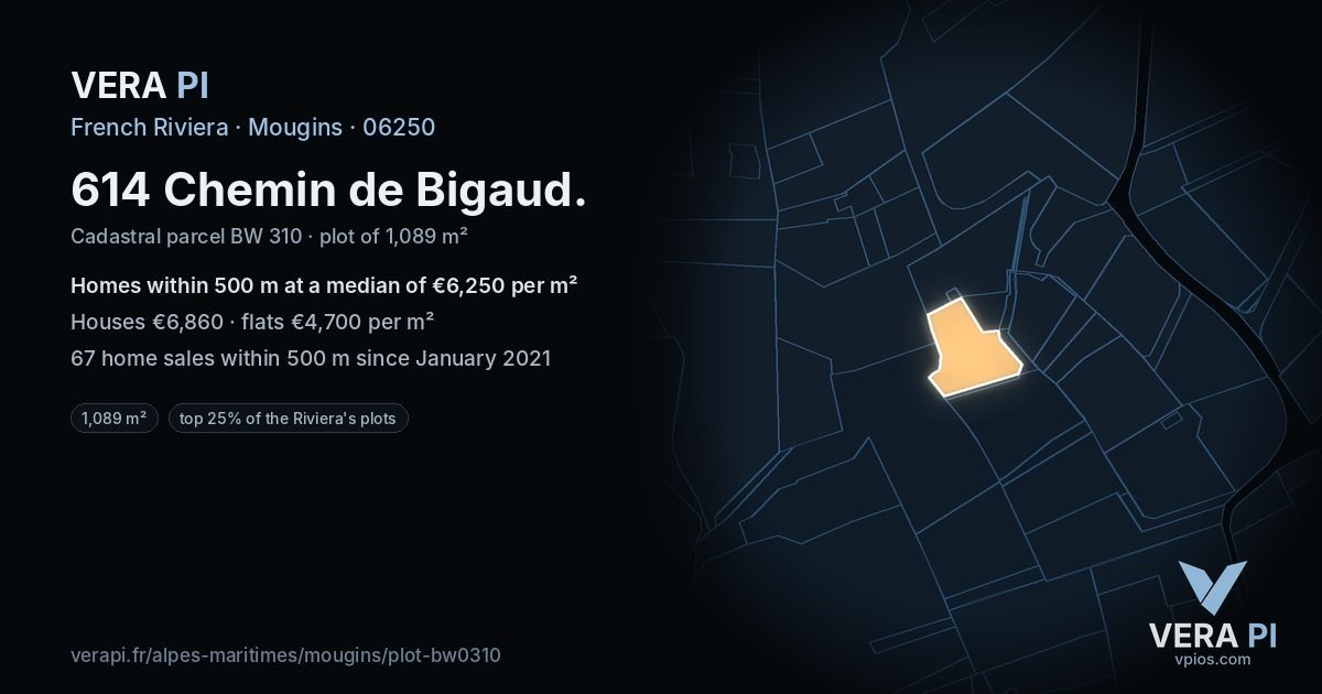 614 Chemin de Bigaud, Mougins at night – the plot lit, the parcels around coloured by the prices near them