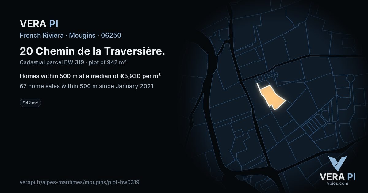 20 Chemin de la Traversière, Mougins at night – the plot lit, the parcels around coloured by the prices near them