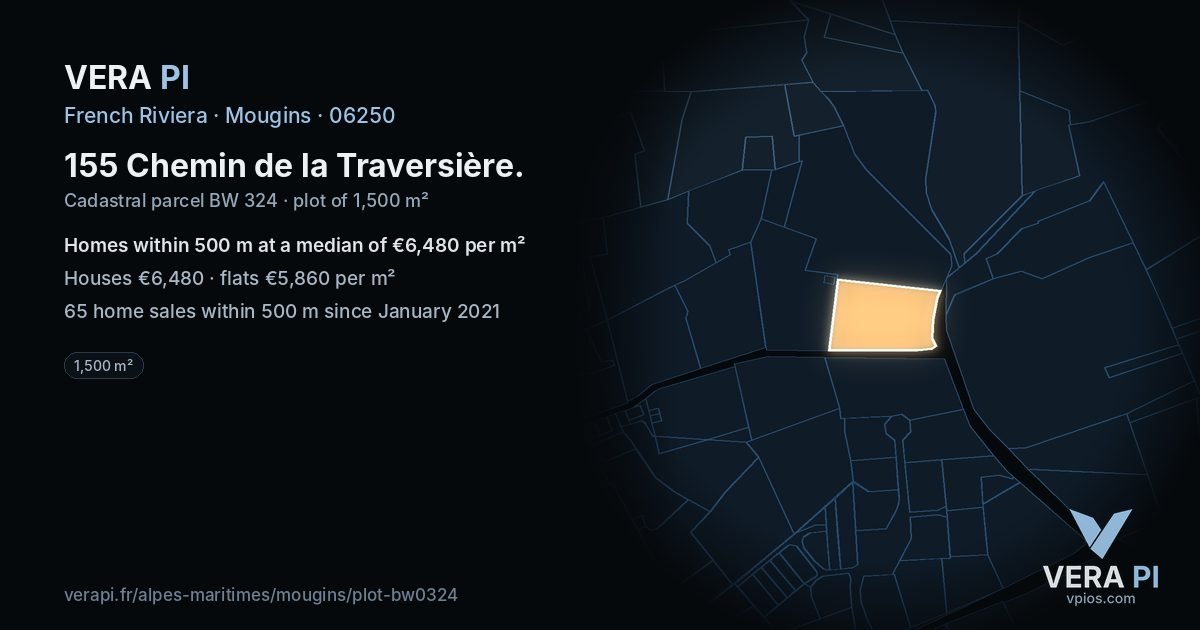 155 Chemin de la Traversière, Mougins at night – the plot lit, the parcels around coloured by the prices near them