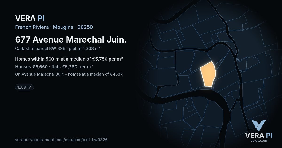 677 Avenue Marechal Juin, Mougins at night – the plot lit, the parcels around coloured by the prices near them