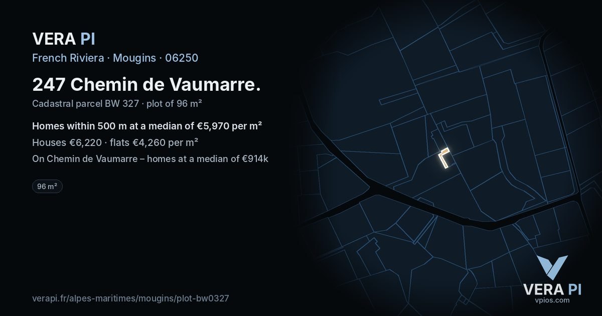 247 Chemin de Vaumarre, Mougins at night – the plot lit, the parcels around coloured by the prices near them