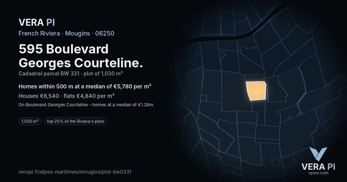 595 Boulevard Georges Courteline, Mougins at night – the plot lit, the parcels around coloured by the prices near them