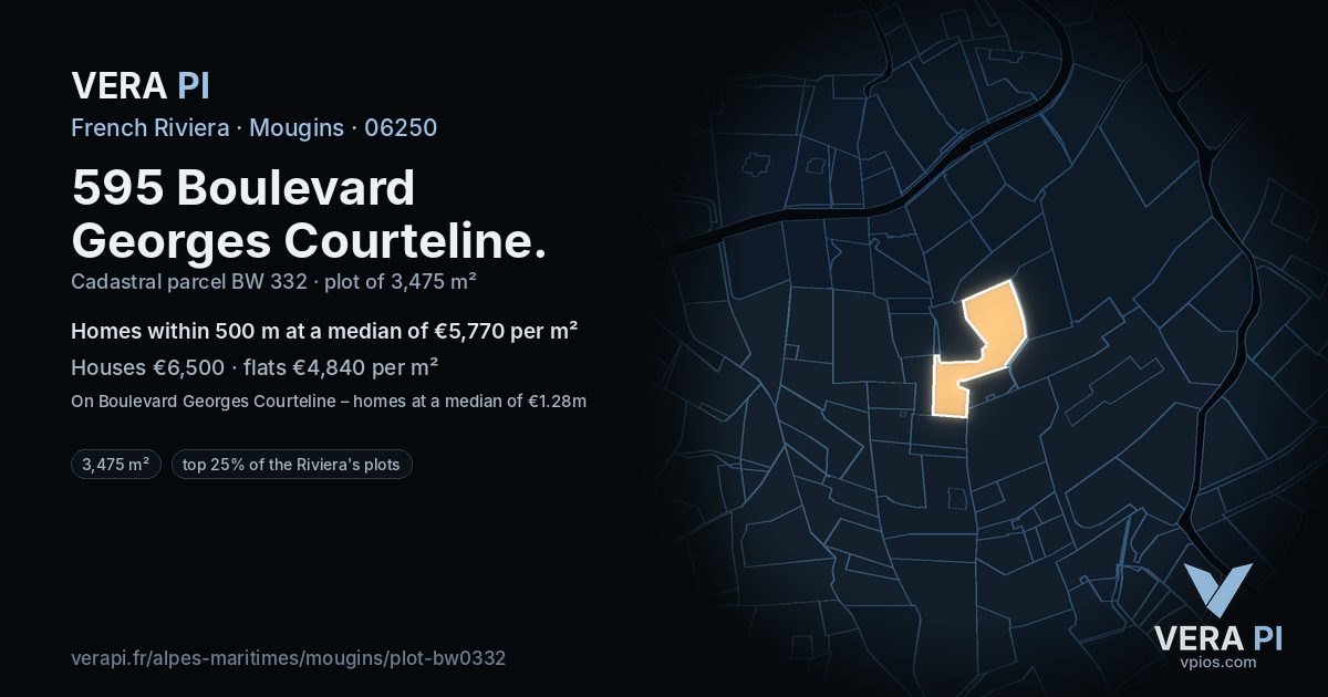 595 Boulevard Georges Courteline, Mougins at night – the plot lit, the parcels around coloured by the prices near them