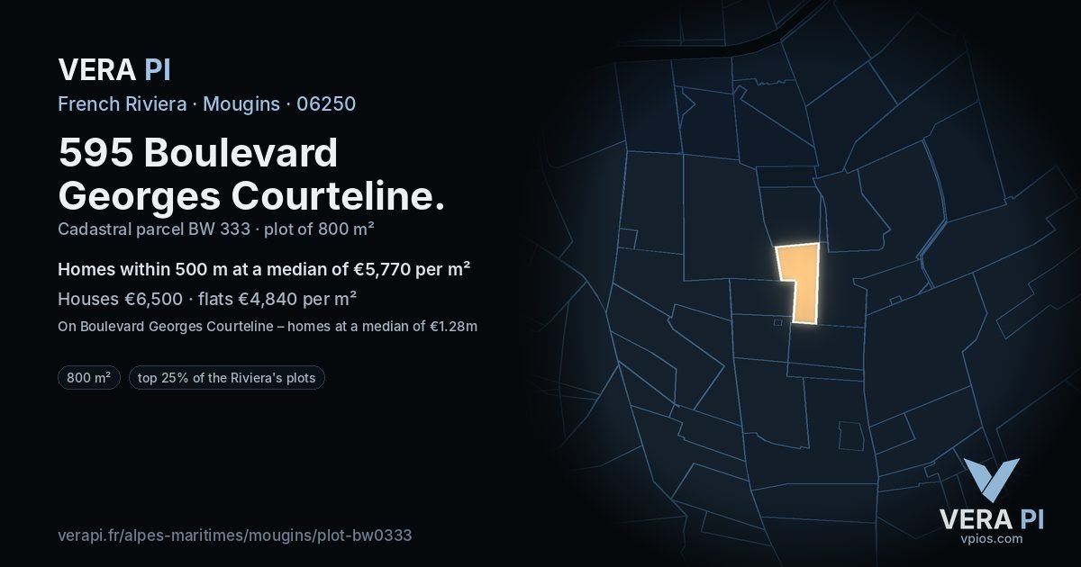 595 Boulevard Georges Courteline, Mougins at night – the plot lit, the parcels around coloured by the prices near them