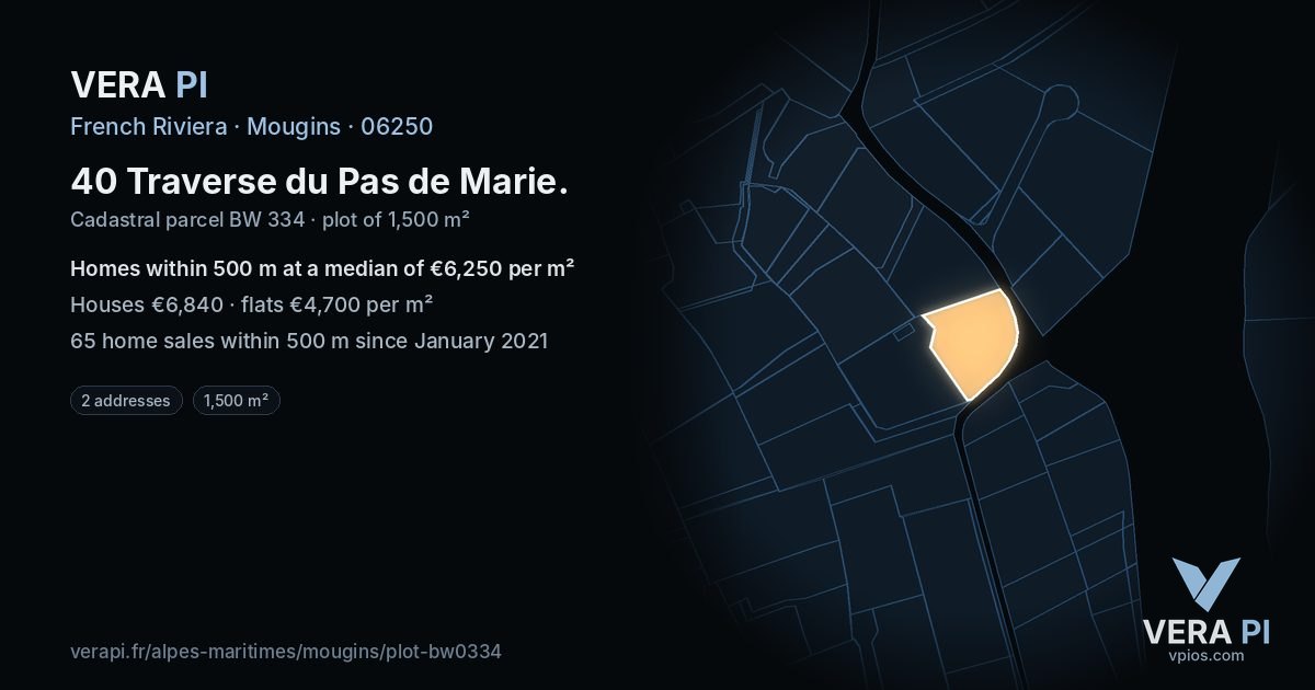 40 Traverse du Pas de Marie, Mougins at night – the plot lit, the parcels around coloured by the prices near them