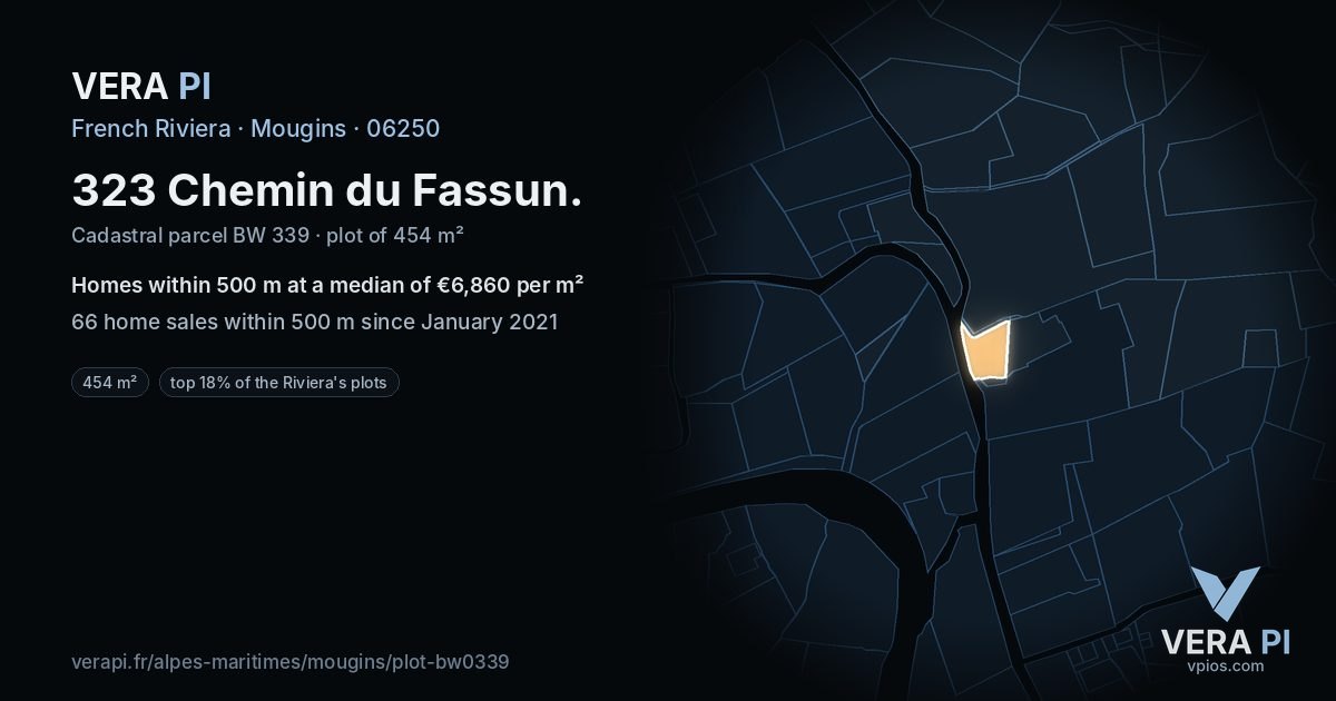 323 Chemin du Fassun, Mougins at night – the plot lit, the parcels around coloured by the prices near them
