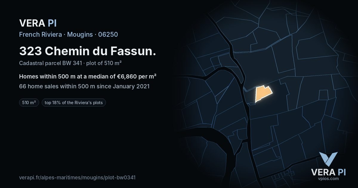 323 Chemin du Fassun, Mougins at night – the plot lit, the parcels around coloured by the prices near them