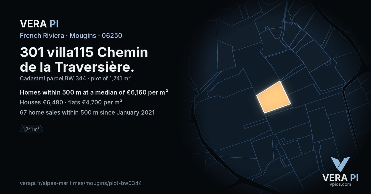301 villa115 Chemin de la Traversière, Mougins at night – the plot lit, the parcels around coloured by the prices near them