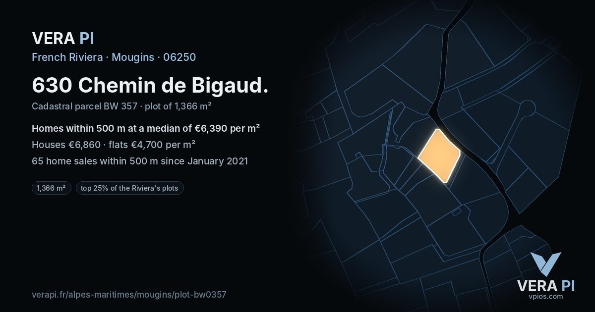 630 Chemin de Bigaud, Mougins at night – the plot lit, the parcels around coloured by the prices near them