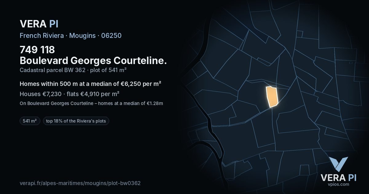 749 118 Boulevard Georges Courteline, Mougins at night – the plot lit, the parcels around coloured by the prices near them