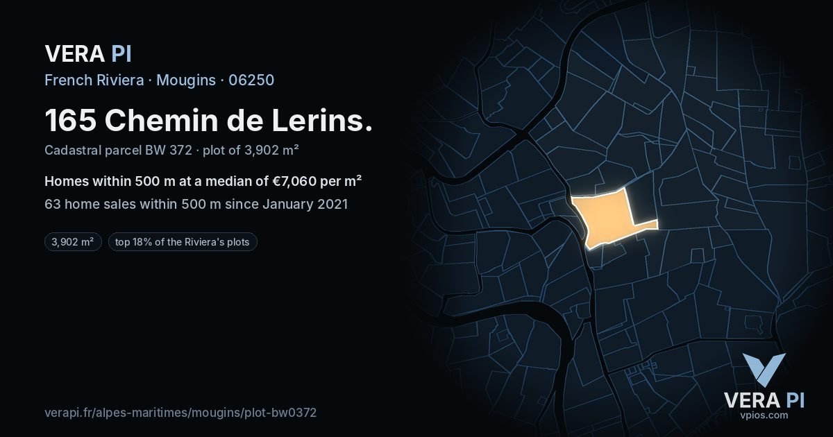 165 Chemin de Lerins, Mougins at night – the plot lit, the parcels around coloured by the prices near them