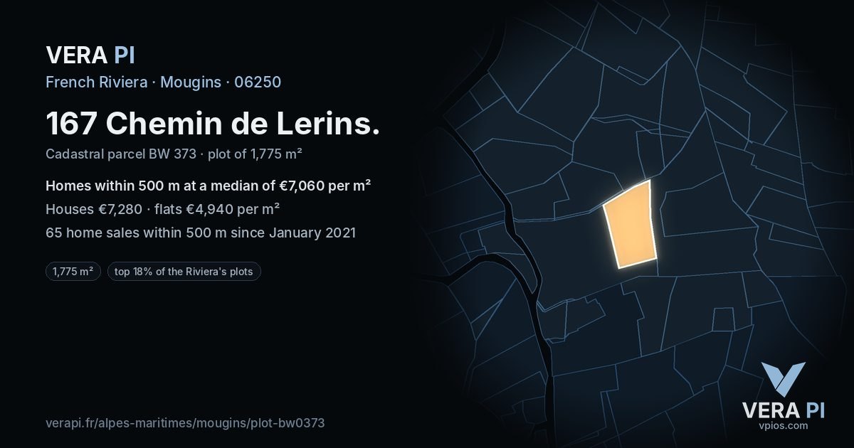 167 Chemin de Lerins, Mougins at night – the plot lit, the parcels around coloured by the prices near them