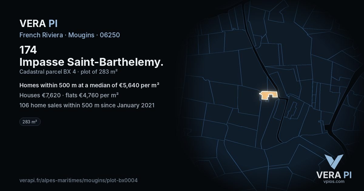 174 Impasse Saint-Barthelemy, Mougins at night – the plot lit, the parcels around coloured by the prices near them