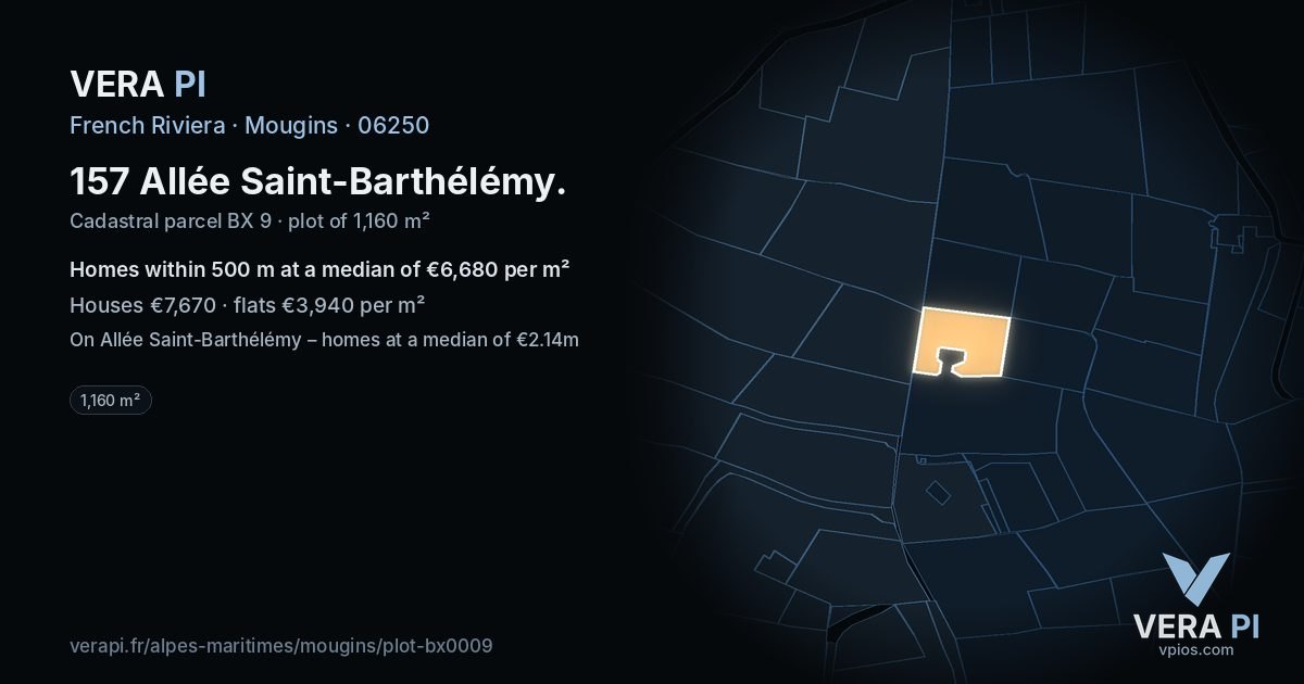157 Allée Saint-Barthélémy, Mougins at night – the plot lit, the parcels around coloured by the prices near them