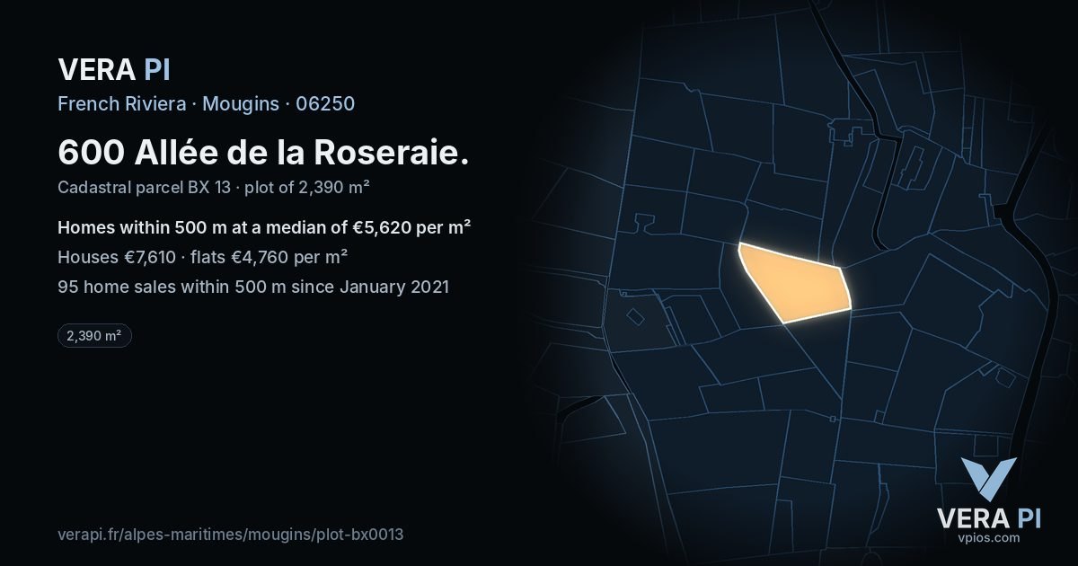 600 Allée de la Roseraie, Mougins at night – the plot lit, the parcels around coloured by the prices near them