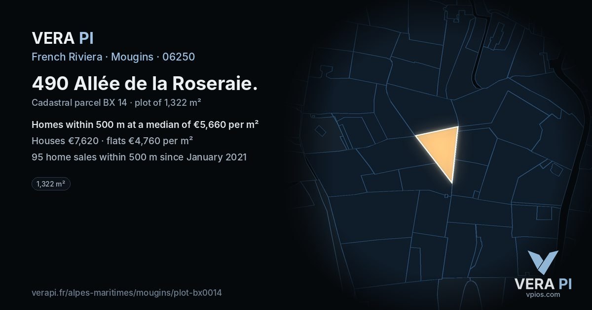 490 Allée de la Roseraie, Mougins at night – the plot lit, the parcels around coloured by the prices near them
