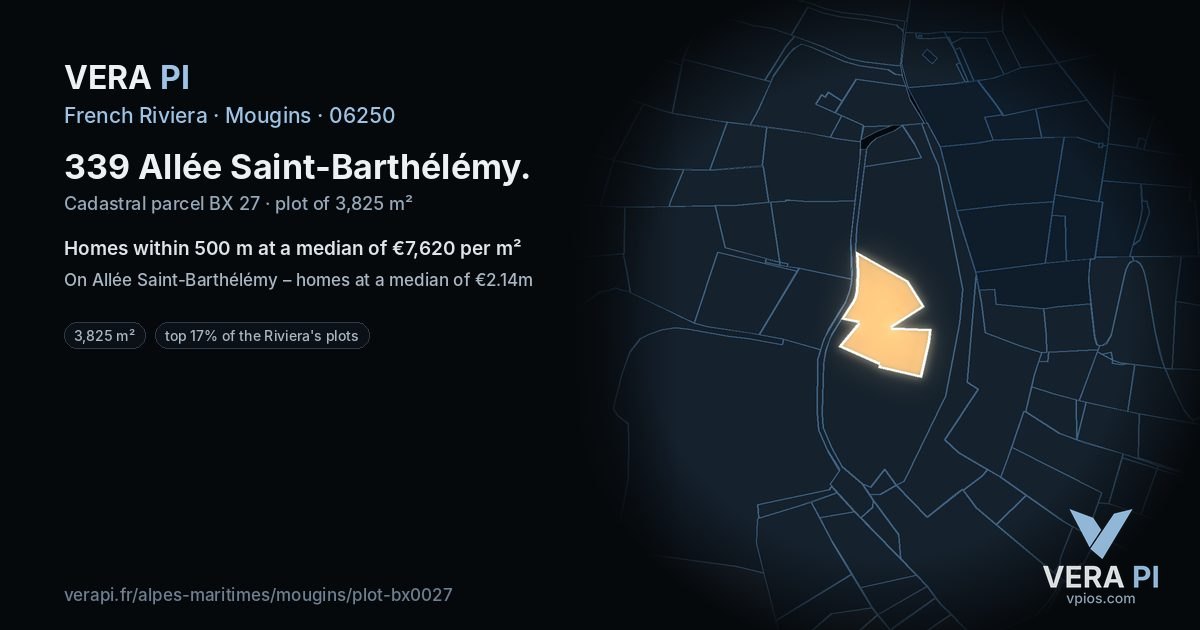 339 Allée Saint-Barthélémy, Mougins at night – the plot lit, the parcels around coloured by the prices near them